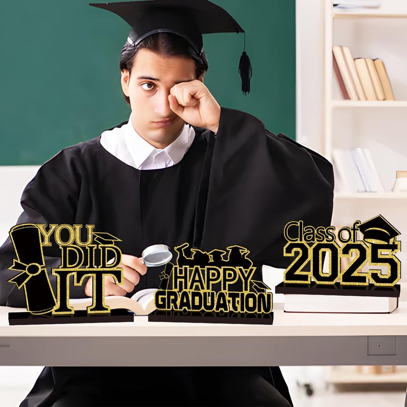 GINFTBRZGV 4 قطع ديكورات التخرج باللونين الأسود والذهبي فئة 2025 تهاني غراد قطع مركزية للطاولات الخشبية أغطية طاولات التخرج تهنئة ديكور صينية متدرجة لديكورات التخرج 2025 - Image 2